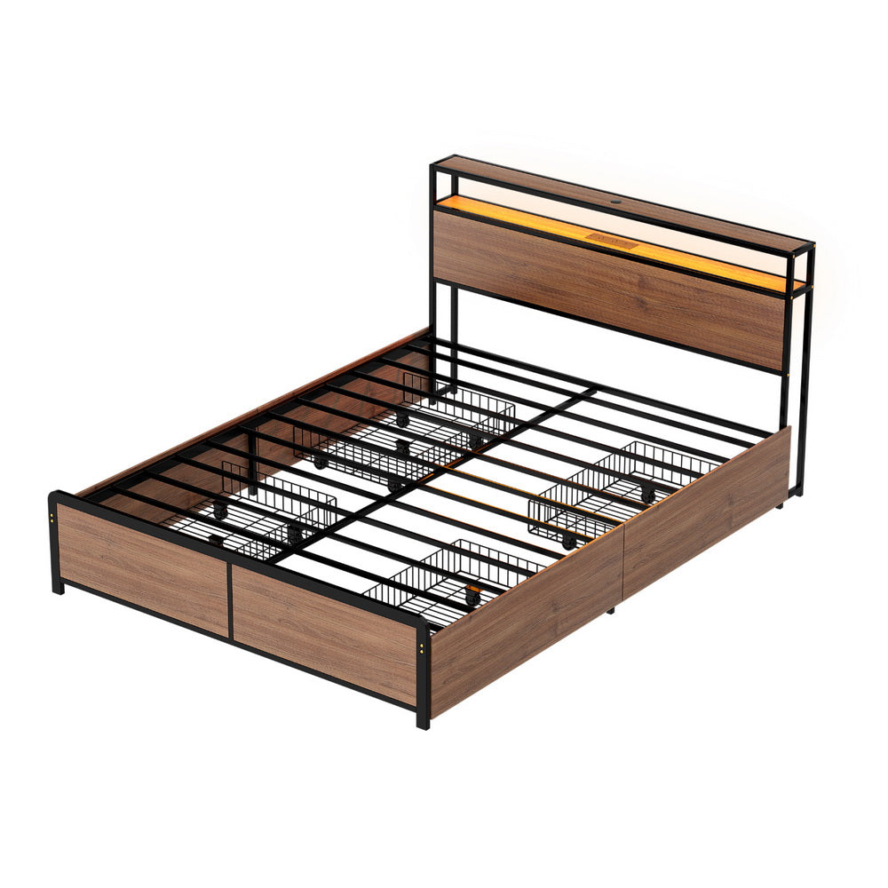 Artiss Metal Bed Frame Queen Size with 2-Tier Storage Headboard Metal Platform with 4 Storage Drawers Built in Charging Station & LED Noise-Free/Metal Support/No Box Spring Needed Vintage Brown - Homecoze