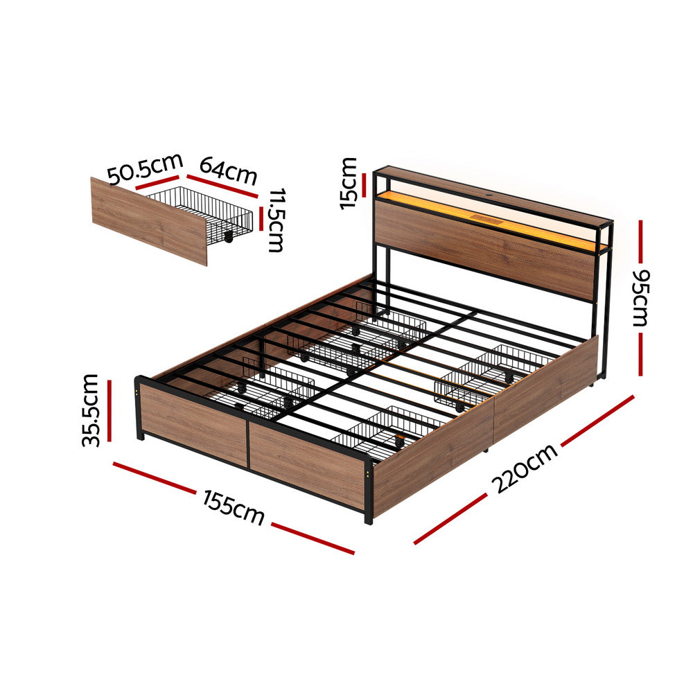 Artiss Metal Bed Frame Queen Size with 2-Tier Storage Headboard Metal Platform with 4 Storage Drawers Built in Charging Station & LED Noise-Free/Metal Support/No Box Spring Needed Vintage Brown - Homecoze