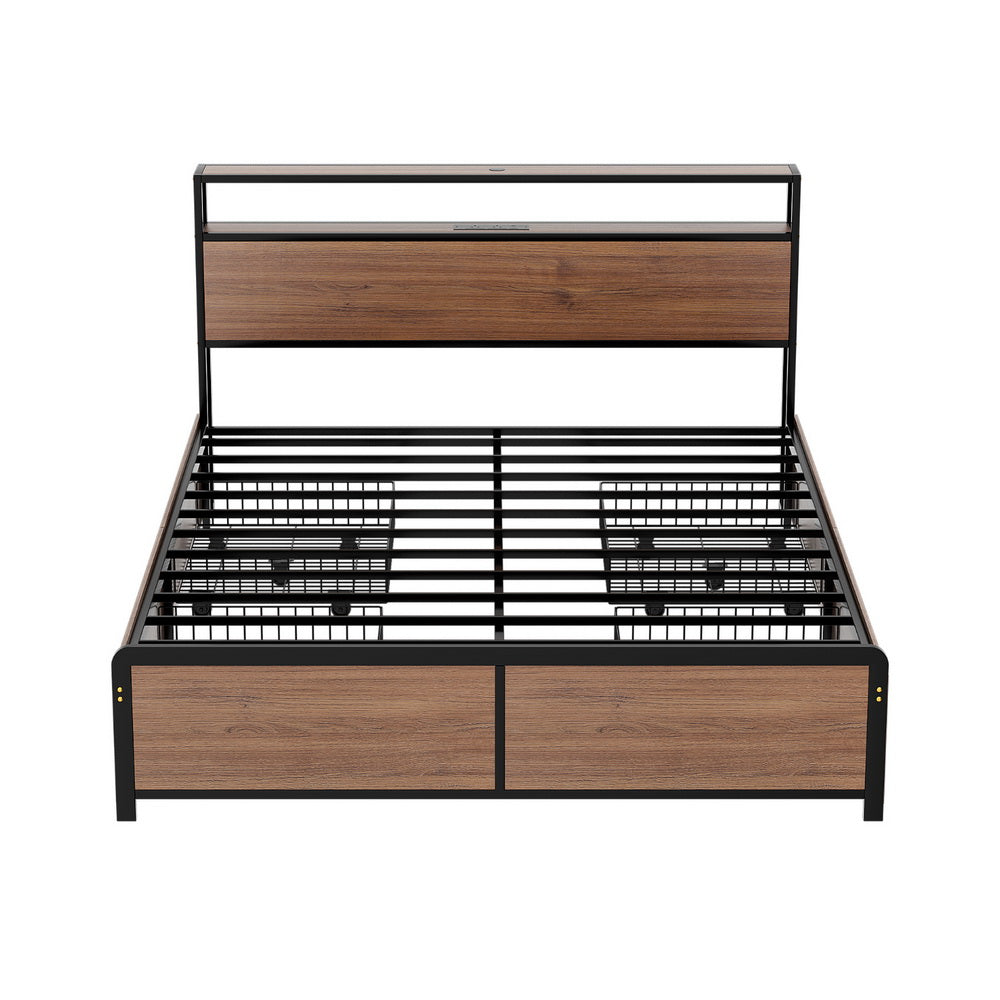 Artiss Metal Bed Frame Queen Size with 2-Tier Storage Headboard Metal Platform with 4 Storage Drawers Built in Charging Station & LED Noise-Free/Metal Support/No Box Spring Needed Vintage Brown - Homecoze