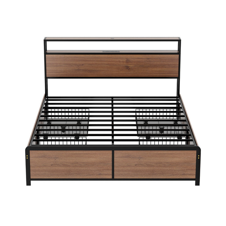 Artiss Metal Bed Frame Queen Size with 2-Tier Storage Headboard Metal Platform with 4 Storage Drawers Built in Charging Station & LED Noise-Free/Metal Support/No Box Spring Needed Vintage Brown - Homecoze