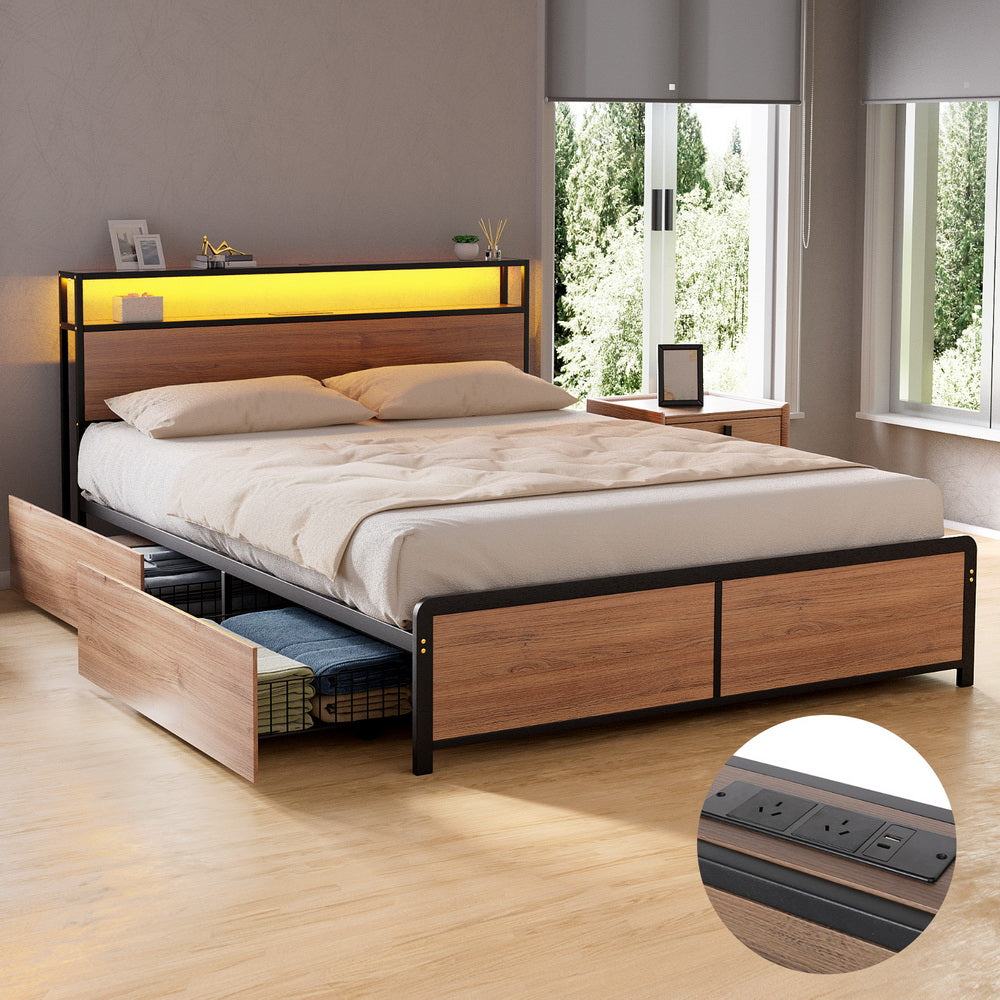 Artiss Metal Bed Frame Queen Size with 2-Tier Storage Headboard Metal Platform with 4 Storage Drawers Built in Charging Station & LED Noise-Free/Metal Support/No Box Spring Needed Vintage Brown - Homecoze