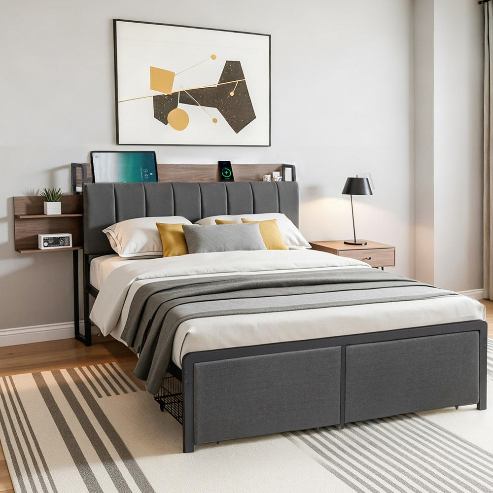 Artiss Metal Bed Frame Double Size with 2-Tier Hidden Storage with Charging Station - Homecoze