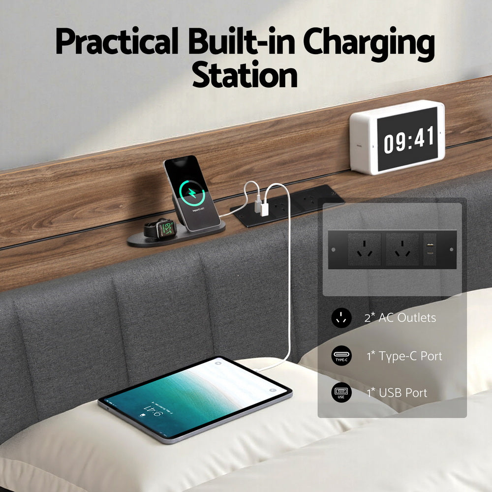 Artiss Metal Bed Frame Double Size with 2-Tier Hidden Storage with Charging Station - Homecoze