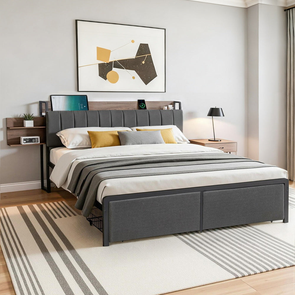Artiss Metal Bed Frame King Size with 2-Tier Hidden Storage with Charging Station - Homecoze