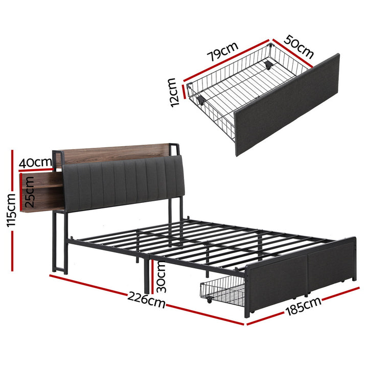 Artiss Metal Bed Frame King Size with 2-Tier Hidden Storage with Charging Station - Homecoze