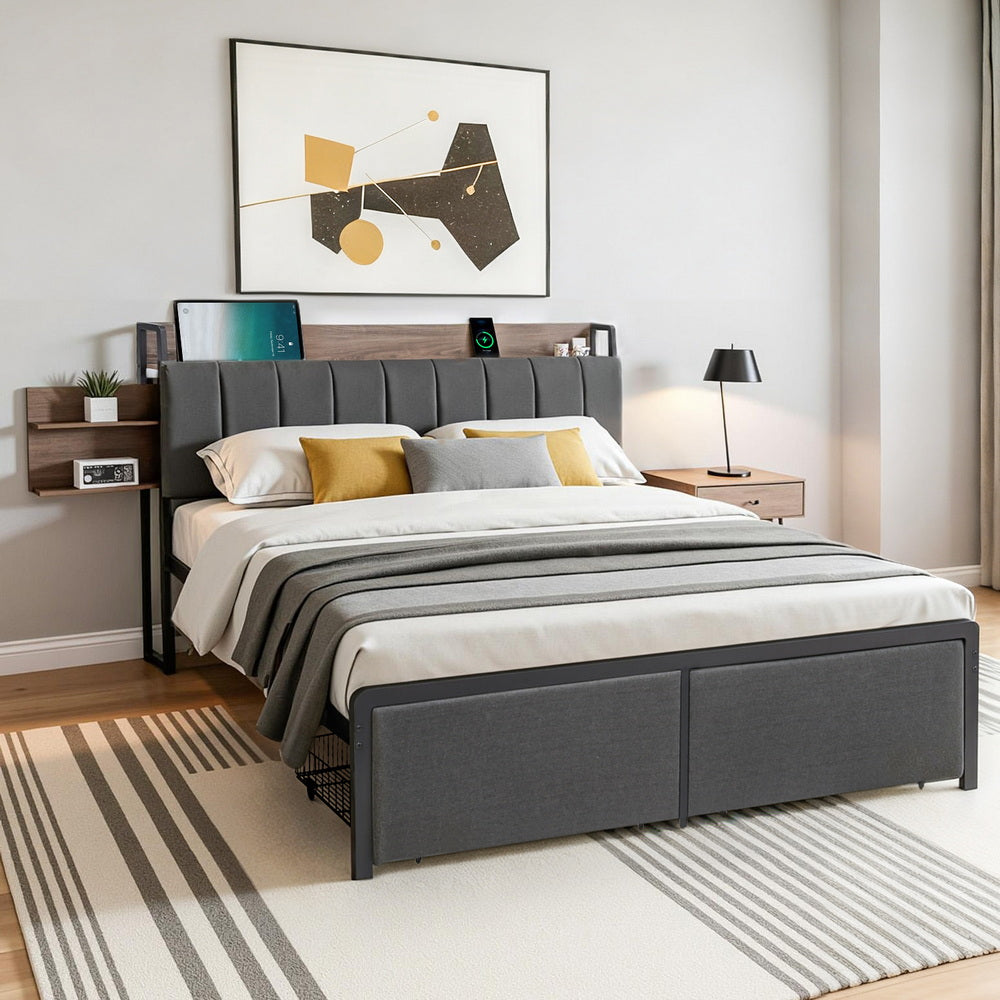 Artiss Metal Bed Frame Queen Size with 2-Tier Hidden Storage with Charging Station - Homecoze