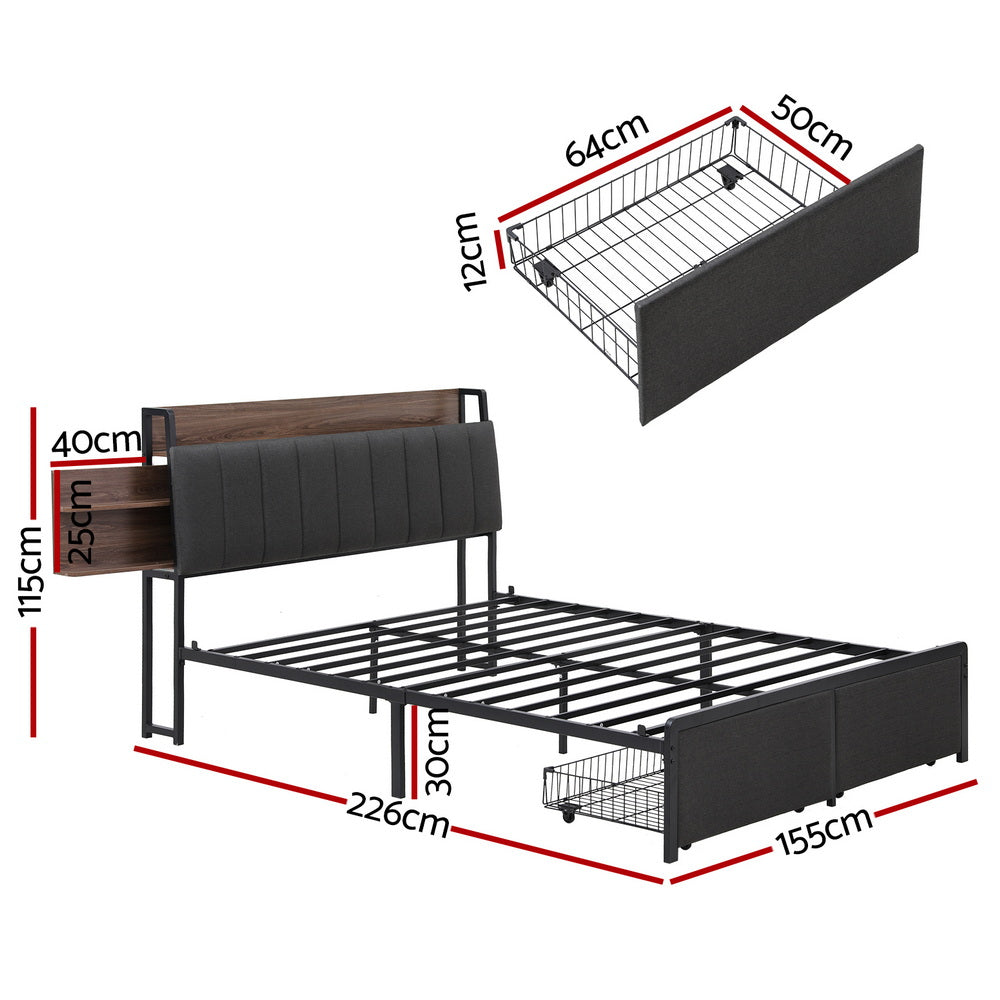 Artiss Metal Bed Frame Queen Size with 2-Tier Hidden Storage with Charging Station - Homecoze