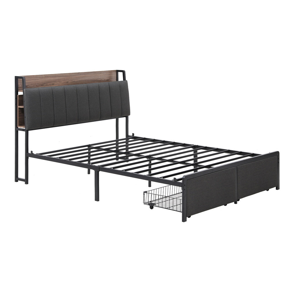 Artiss Metal Bed Frame Queen Size with 2-Tier Hidden Storage with Charging Station - Homecoze