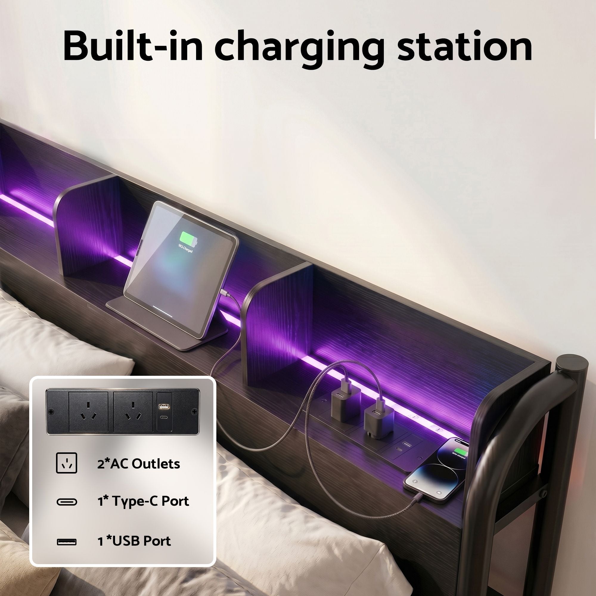 Artiss Bed Frame Double Size with Storage Shelf Headboard Charging Station GRID - Homecoze