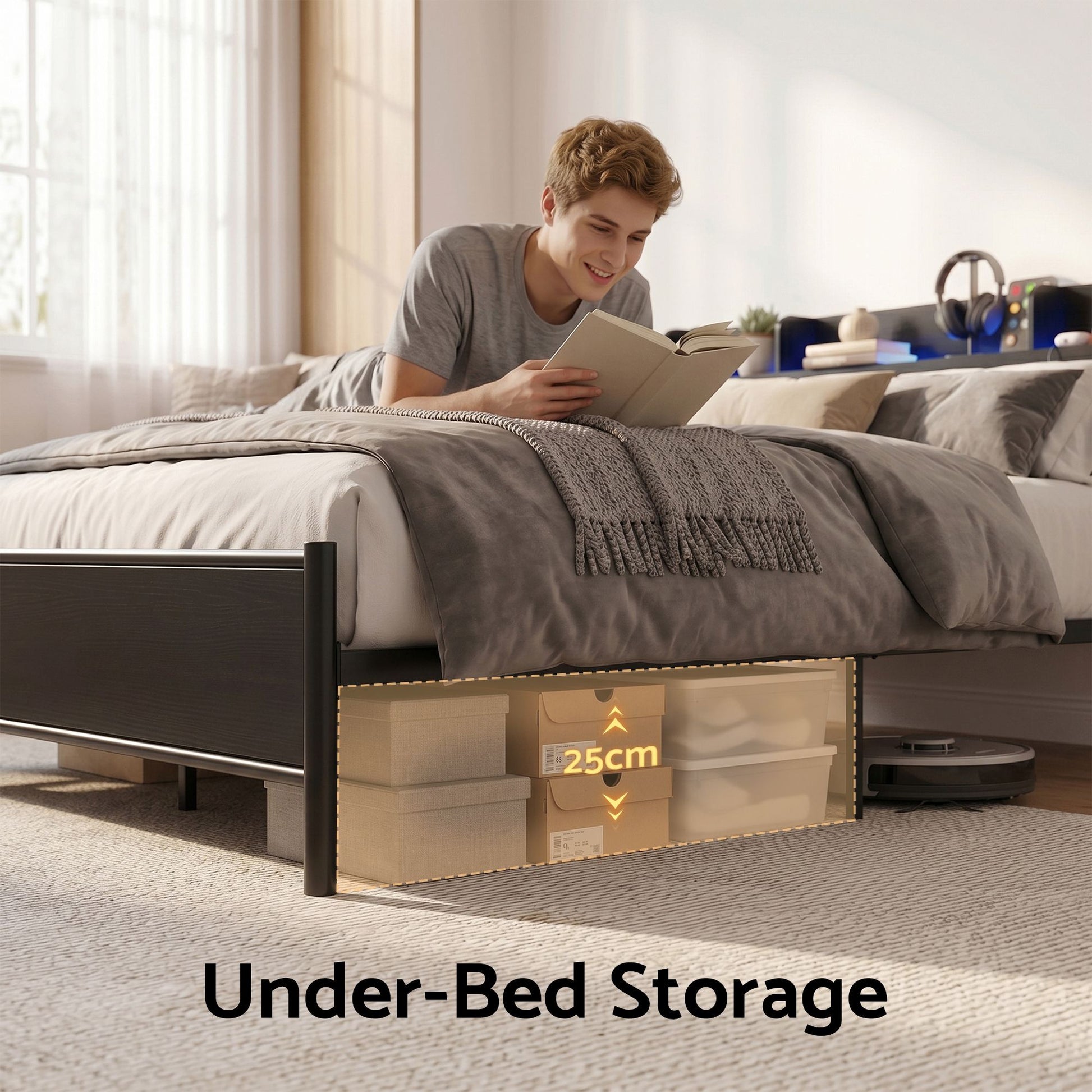 Artiss Bed Frame Double Size with Storage Shelf Headboard Charging Station GRID - Homecoze