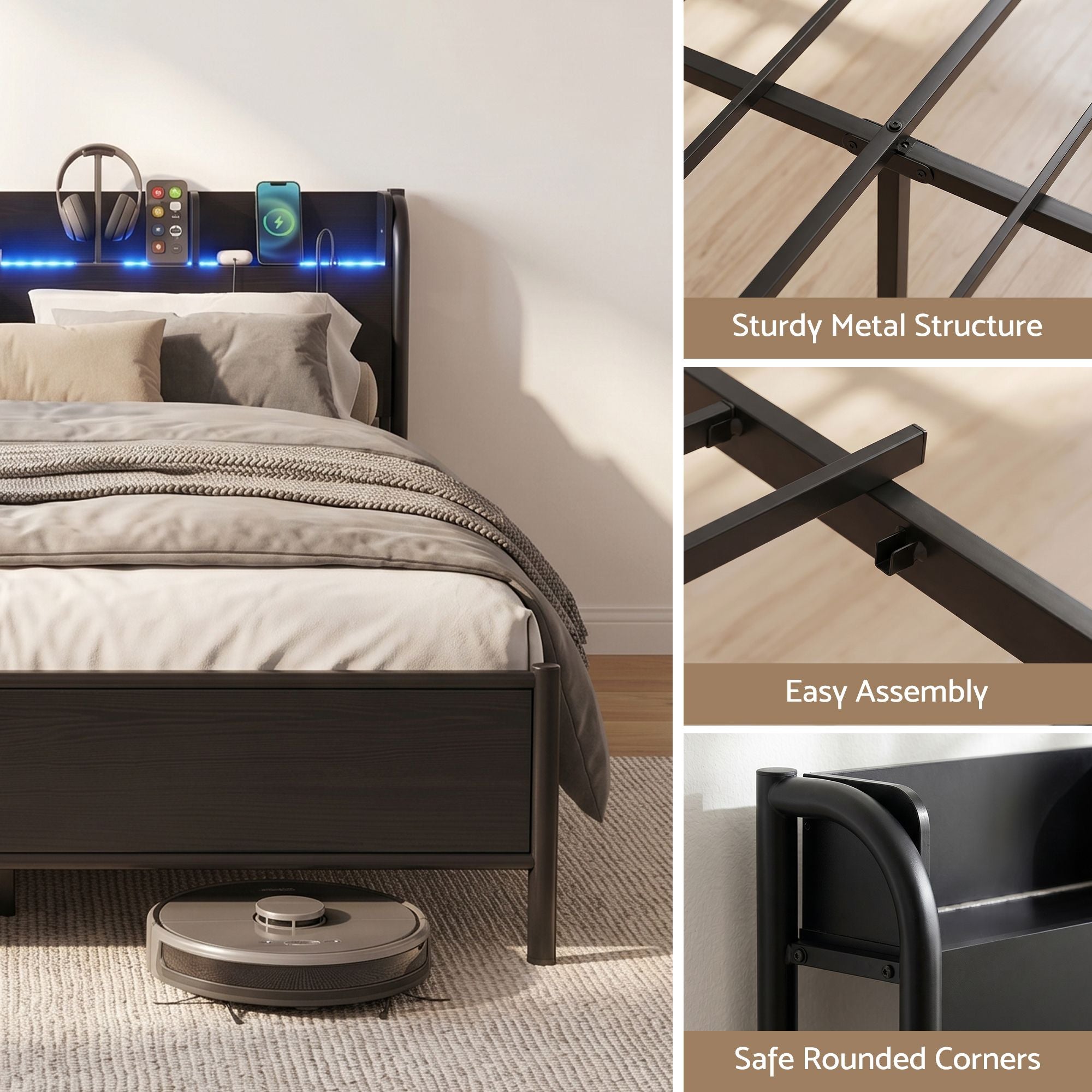 Artiss Bed Frame Double Size with Storage Shelf Headboard Charging Station GRID - Homecoze