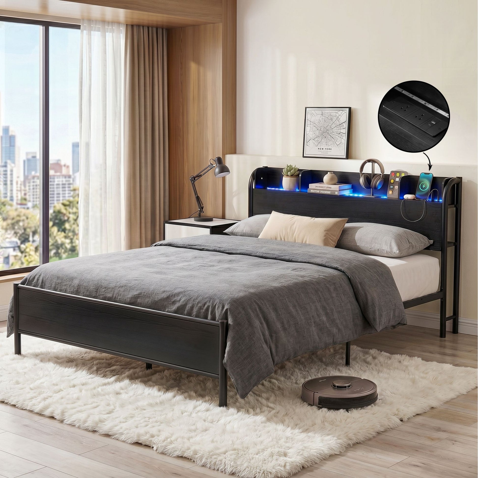 Artiss Bed Frame Double Size with Storage Shelf Headboard Charging Station GRID - Homecoze