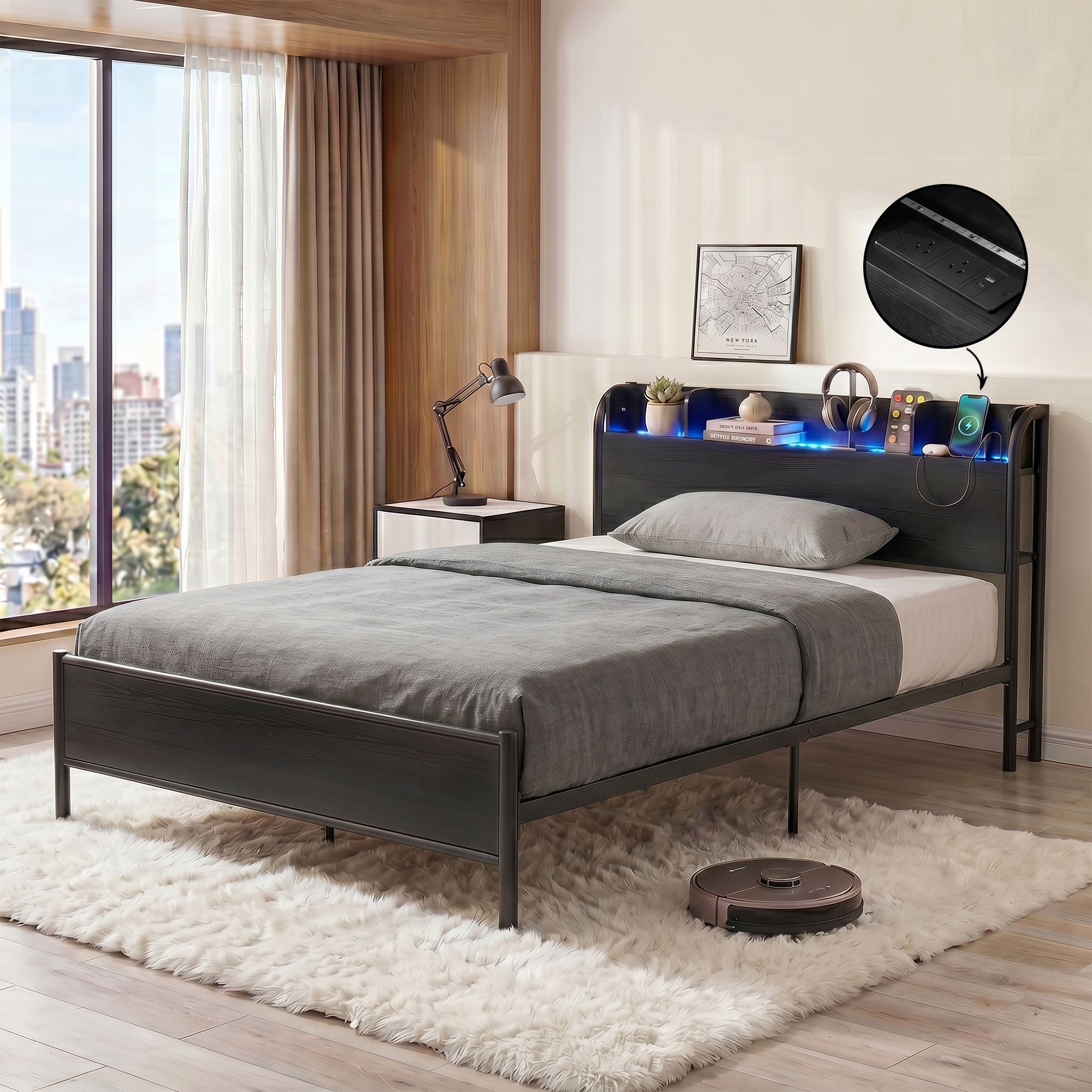 Artiss Bed Frame Single Size with Storage Shelf Headboard Charging Station GRID - Homecoze