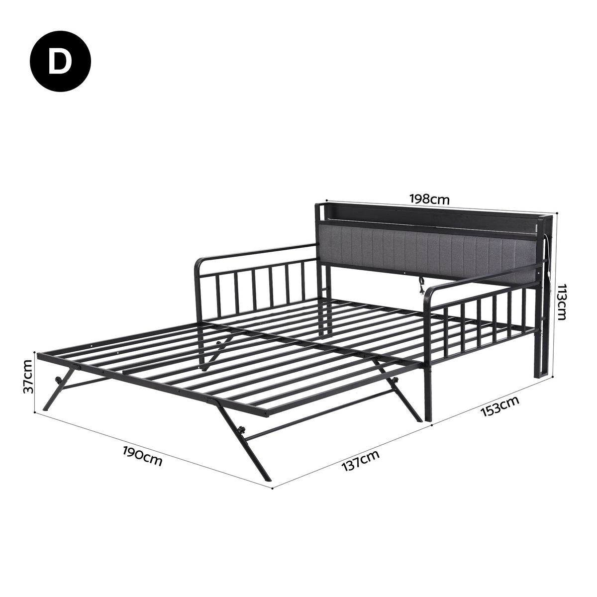 Artiss Bed Frame Double LED Metal Trundle Daybed with Charging Station TURN - Homecoze