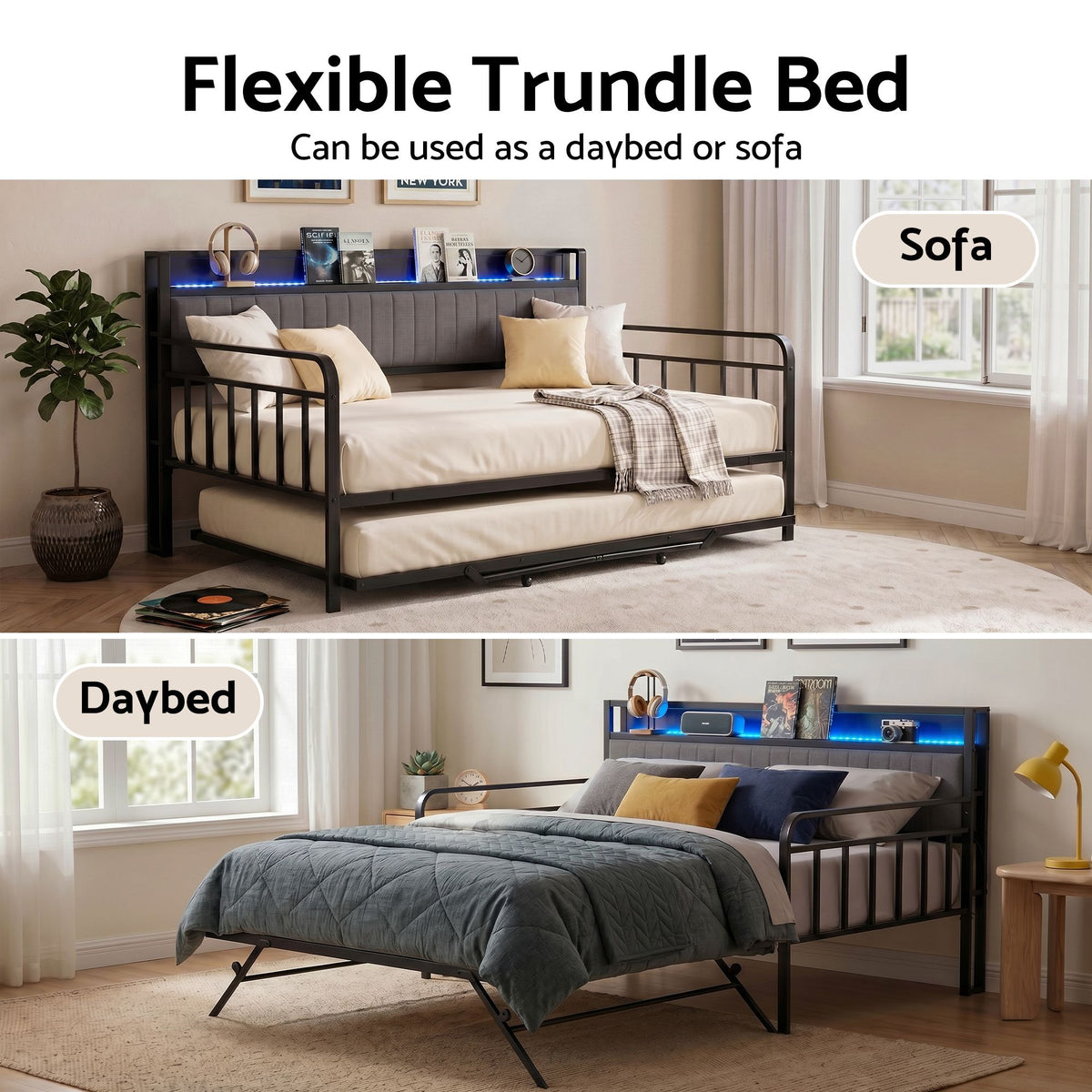 Artiss Bed Frame Double LED Metal Trundle Daybed with Charging Station TURN - Homecoze