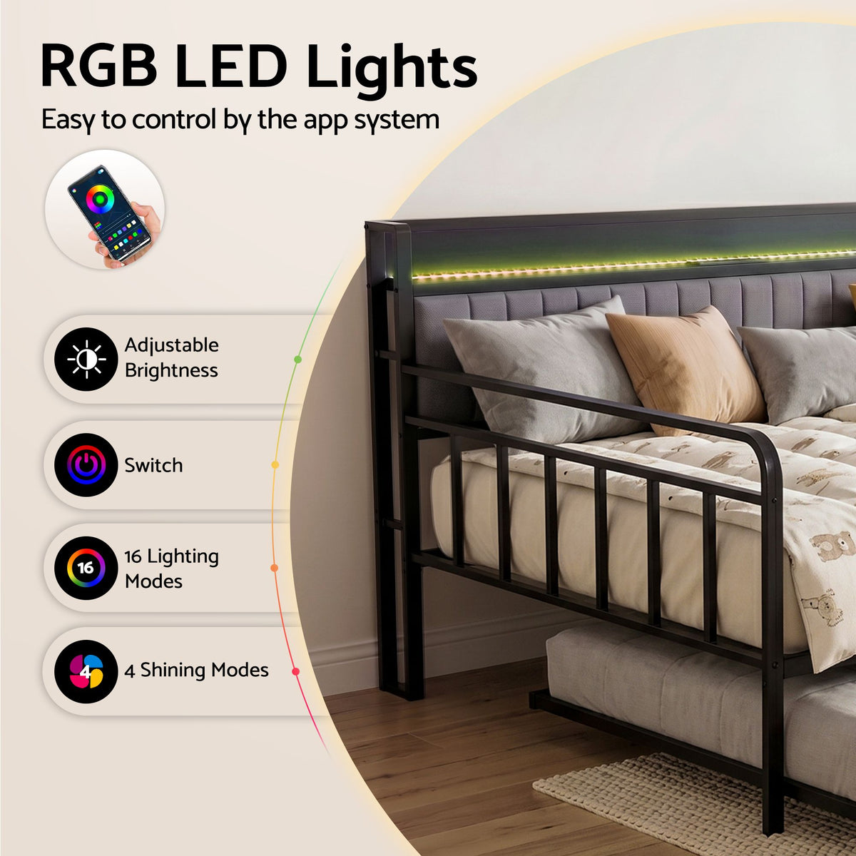 Artiss Bed Frame Double LED Metal Trundle Daybed with Charging Station TURN - Homecoze