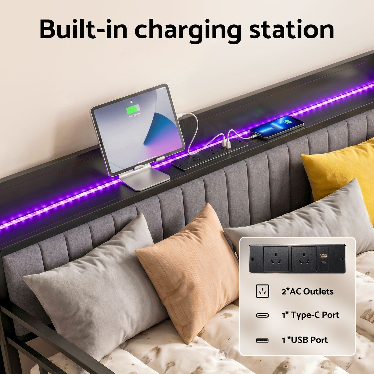 Artiss Bed Frame Double LED Metal Trundle Daybed with Charging Station TURN - Homecoze