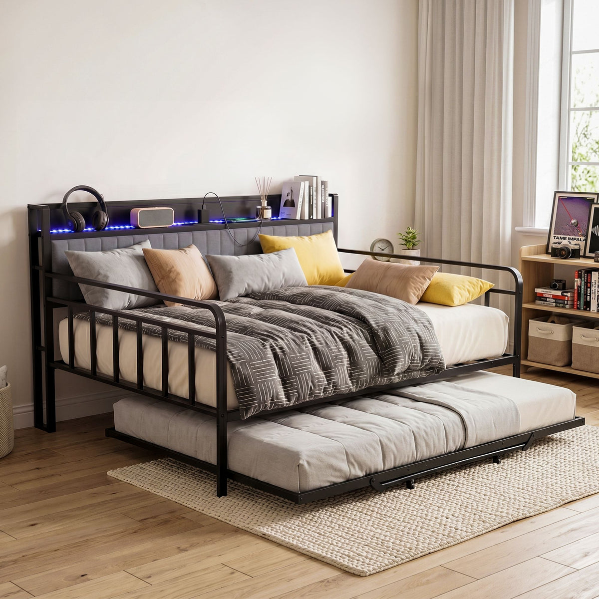 Artiss Bed Frame King Single LED Metal Trundle Daybed with Charging Station TURN - Homecoze