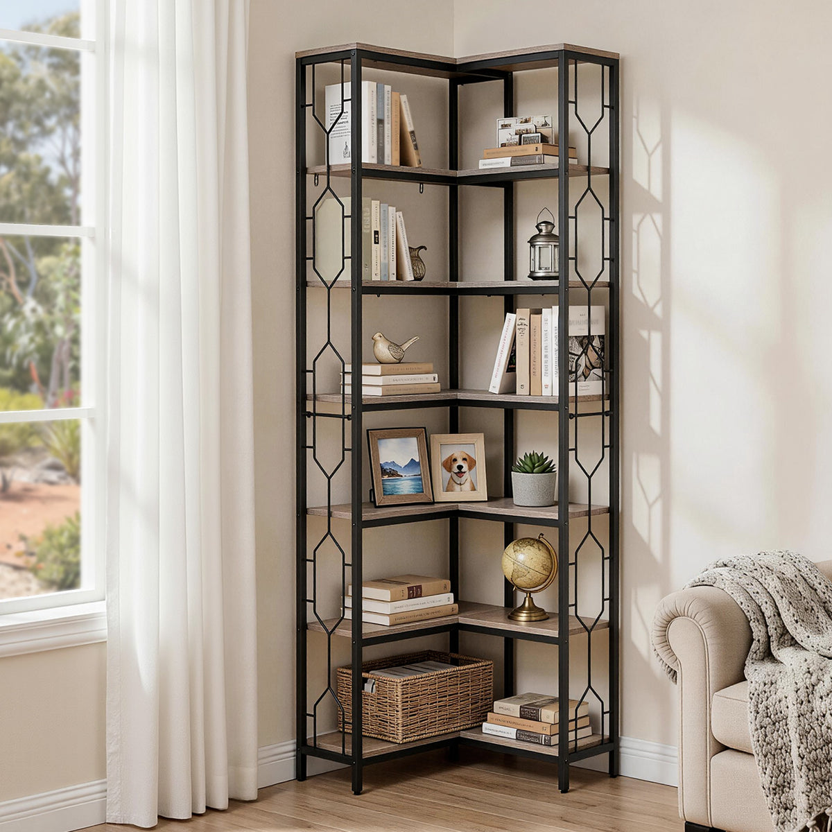 6-Tier L-Shaped Corner Bookshelf 200cm – Black & Wood