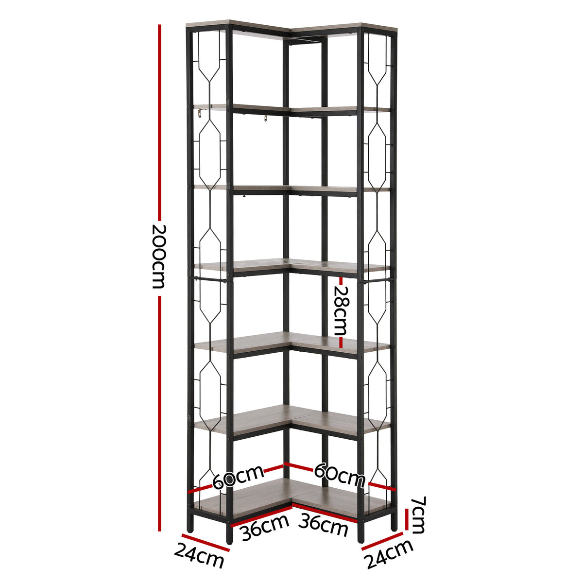 6-Tier L-Shaped Corner Bookshelf 200cm – Black & Wood