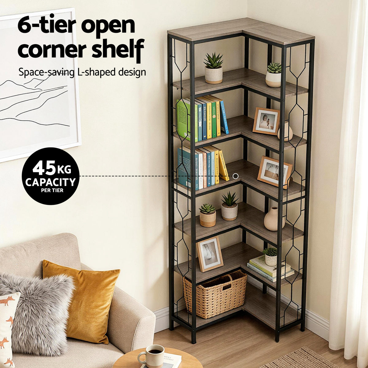 6-Tier L-Shaped Corner Bookshelf 200cm – Black & Wood