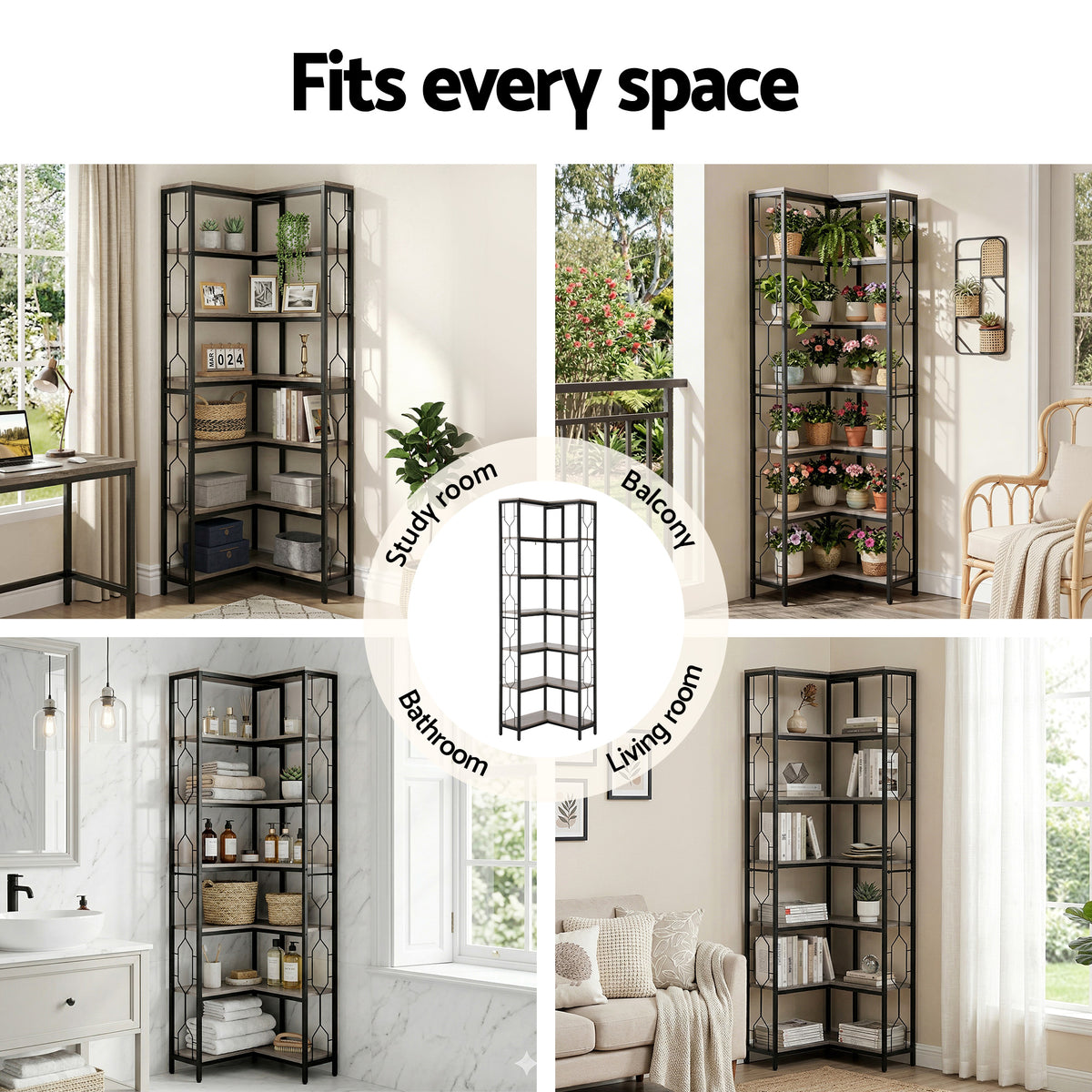 6-Tier L-Shaped Corner Bookshelf 200cm – Black & Wood