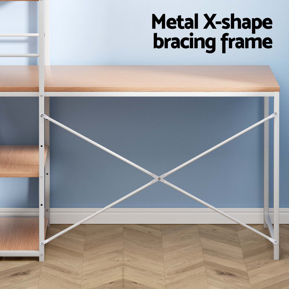 Metal Desk with Shelves - White with Oak Top - Homecoze