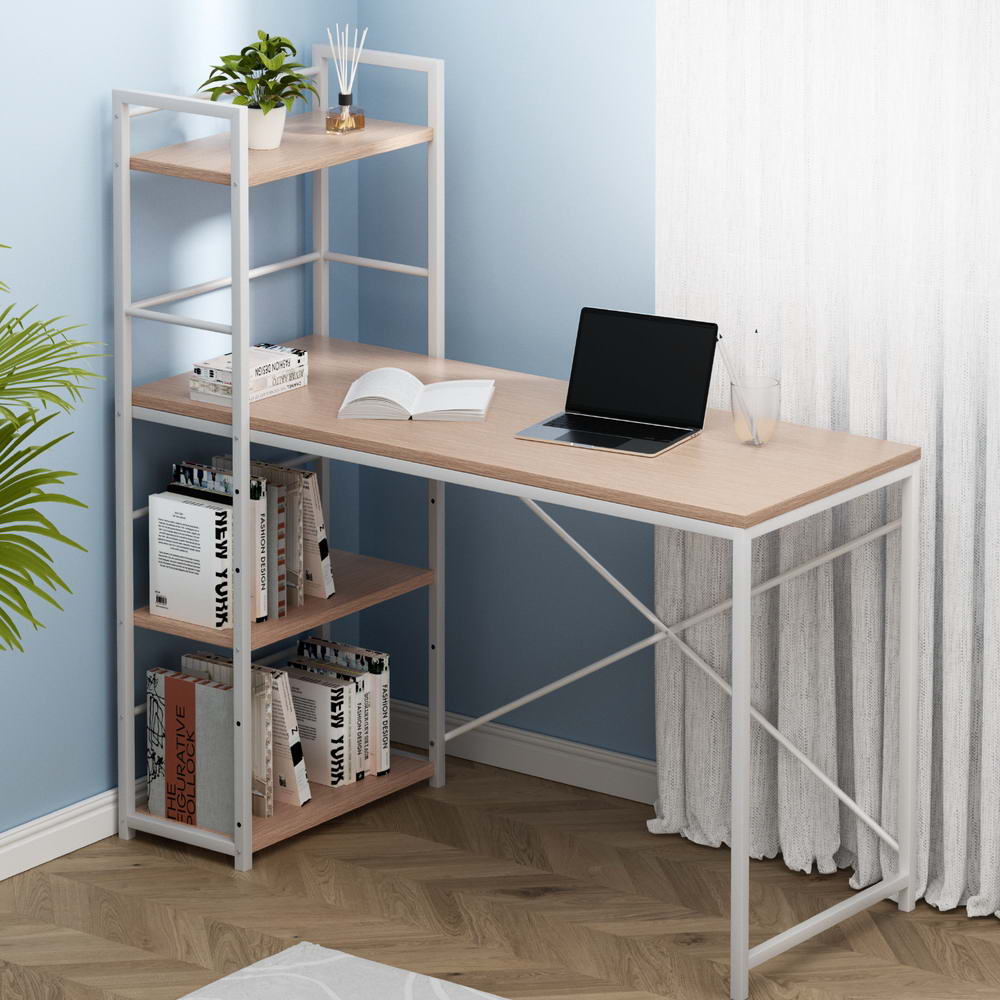 Metal Desk with Shelves - White with Oak Top - Homecoze