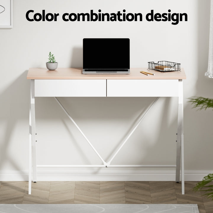 Metal Desk with Drawer - White with Oak Top - Homecoze