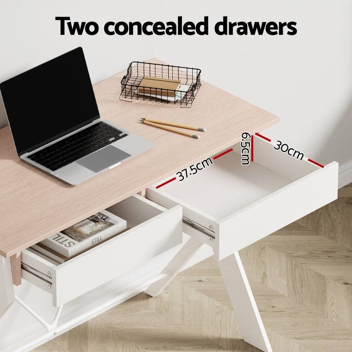 Metal Desk with Drawer - White with Oak Top - Homecoze