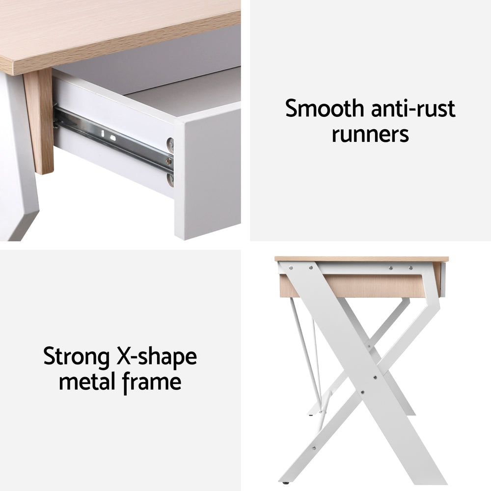 Metal Desk with Drawer - White with Oak Top - Homecoze