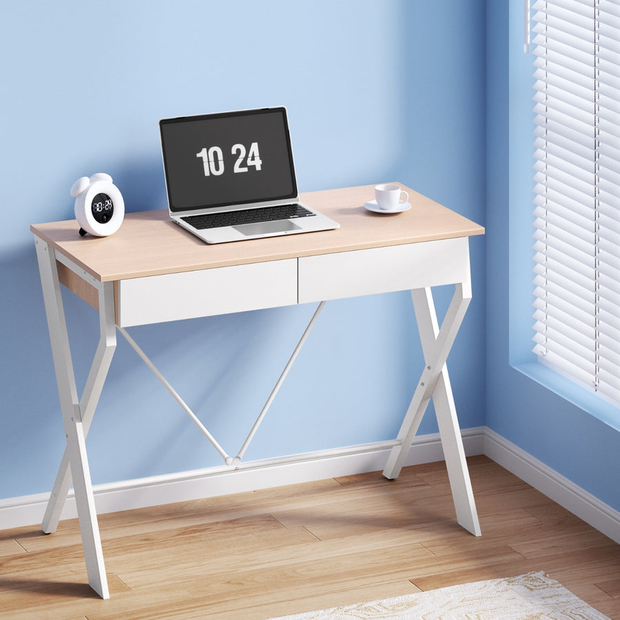 Metal Desk with Drawer - White with Oak Top - Homecoze