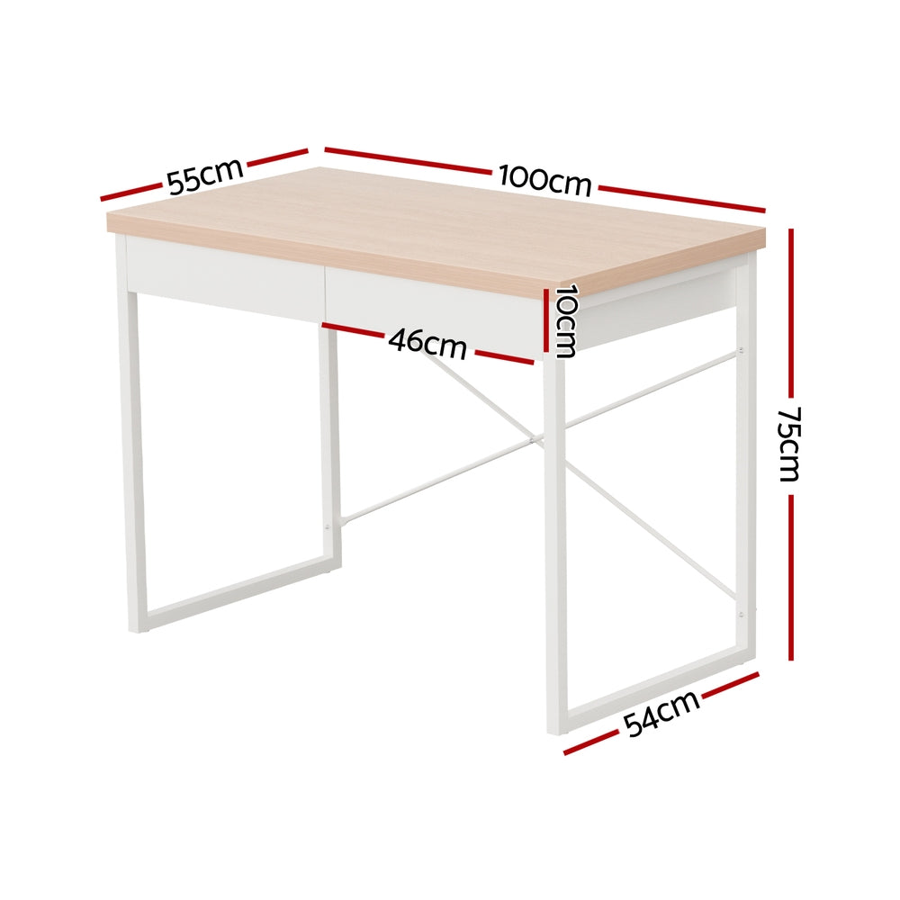 Metal Desk with Drawer - White with Wooden Top - Homecoze