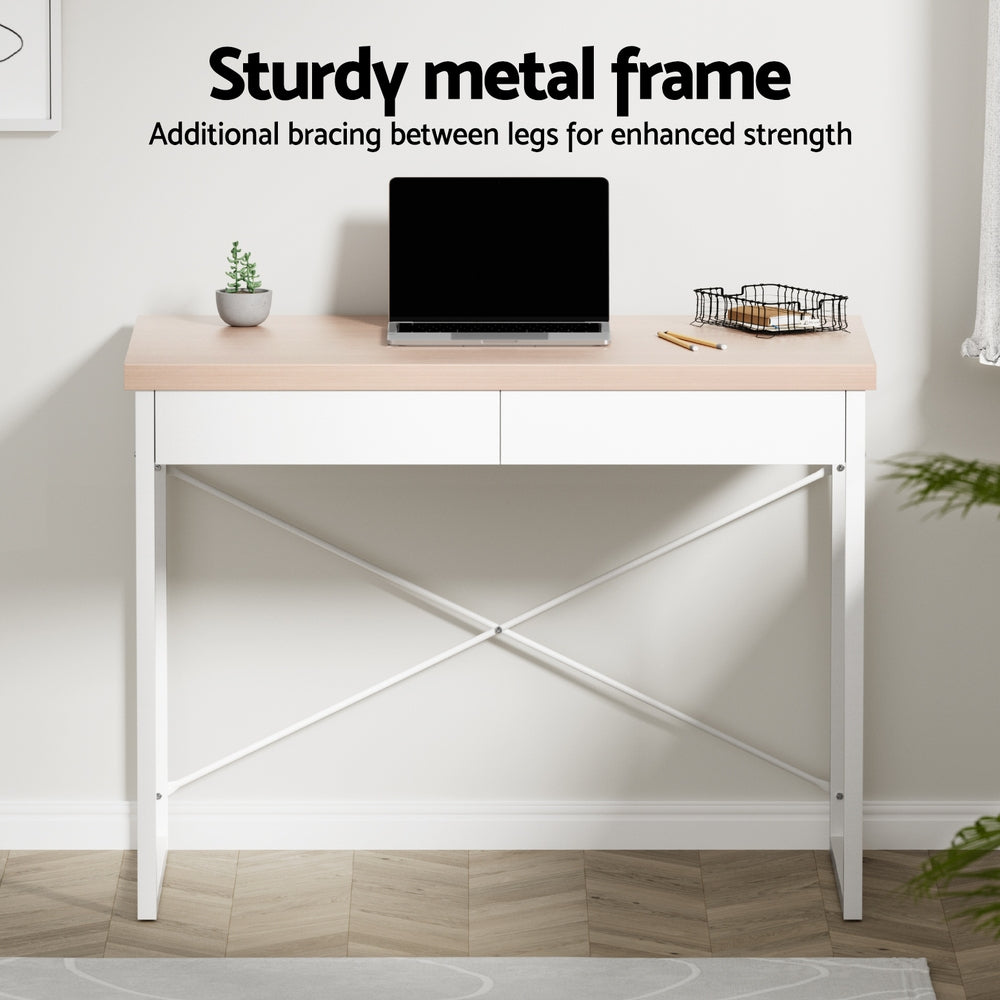 Metal Desk with Drawer - White with Wooden Top - Homecoze