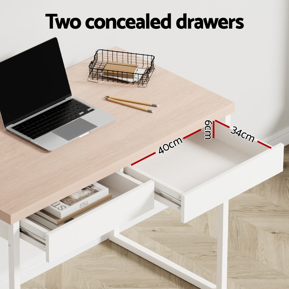Metal Desk with Drawer - White with Wooden Top - Homecoze