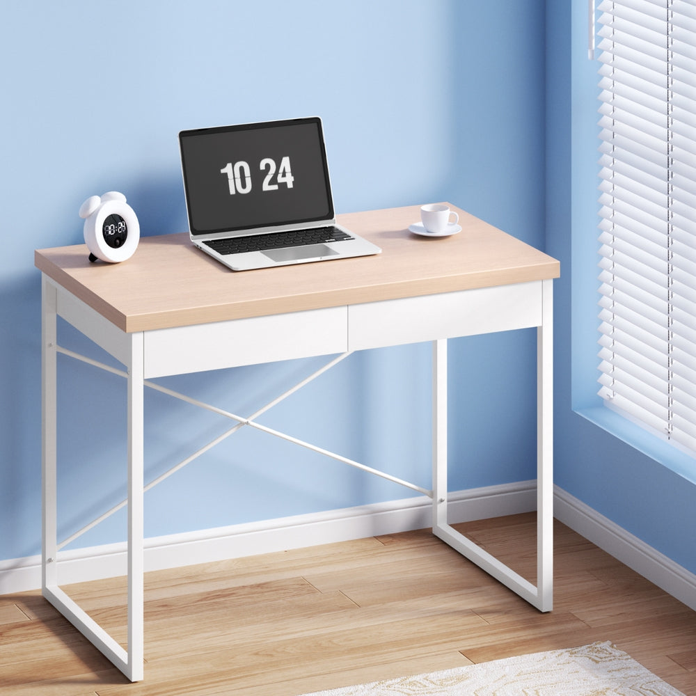Metal Desk with Drawer - White with Wooden Top - Homecoze