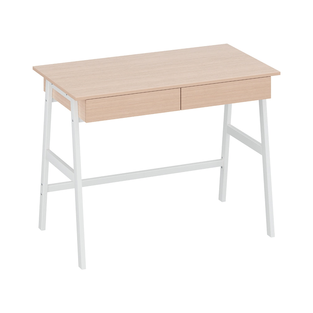 Simple Scandinavian Design Metal Desk with Drawer - White with Oak Top - Homecoze