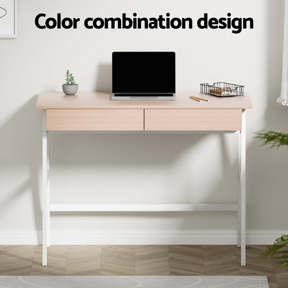Simple Scandinavian Design Metal Desk with Drawer - White with Oak Top - Homecoze