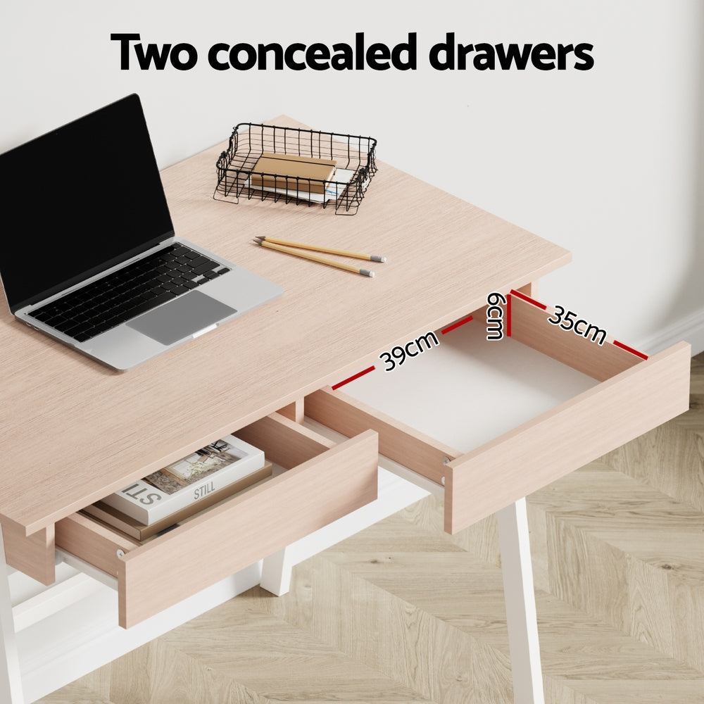 Simple Scandinavian Design Metal Desk with Drawer - White with Oak Top - Homecoze