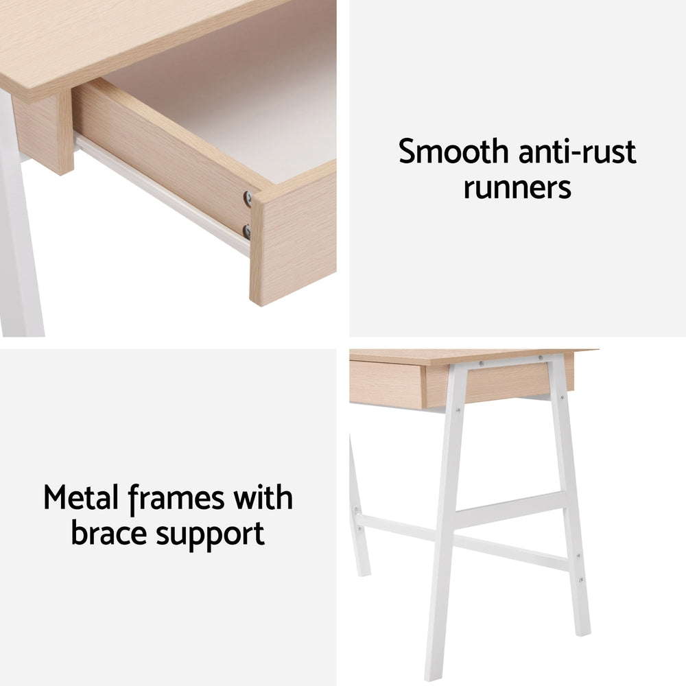 Simple Scandinavian Design Metal Desk with Drawer - White with Oak Top - Homecoze