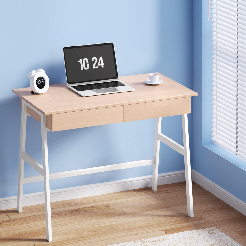 Simple Scandinavian Design Metal Desk with Drawer - White with Oak Top - Homecoze