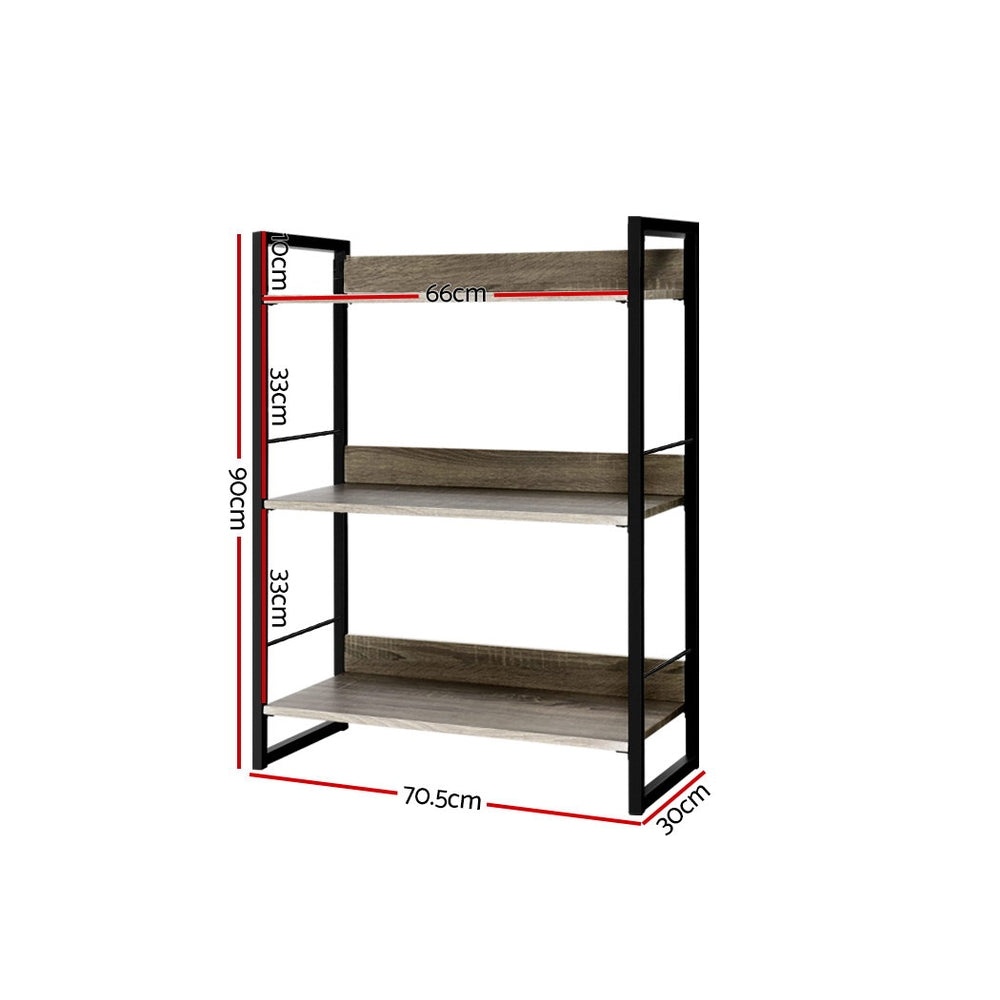 3 Tier 90cm Metal & Wood Bookshelf Display Shelves - Black & Wood - Homecoze