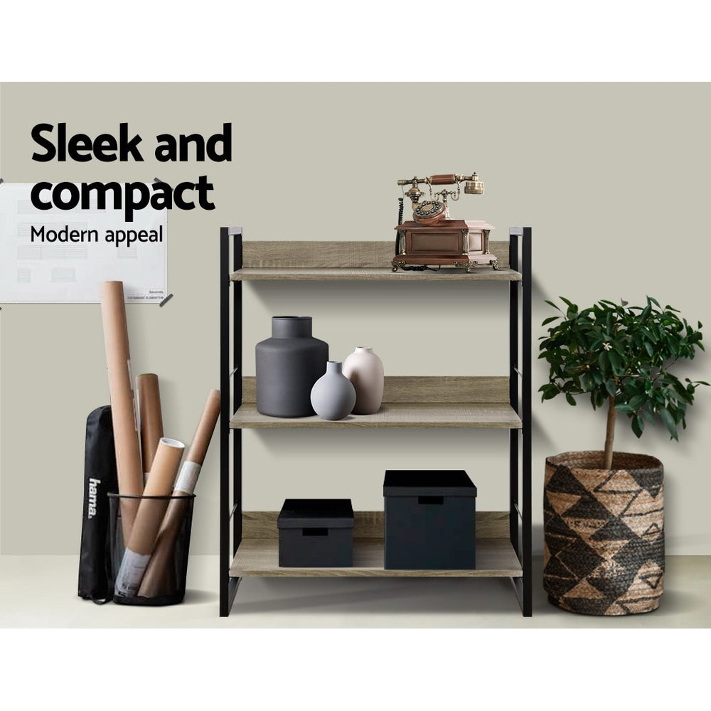3 Tier 90cm Metal & Wood Bookshelf Display Shelves - Black & Wood - Homecoze