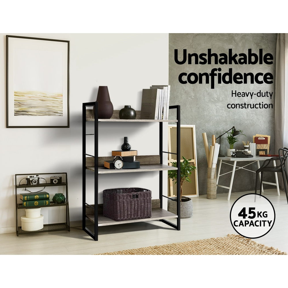 3 Tier 90cm Metal & Wood Bookshelf Display Shelves - Black & Wood - Homecoze