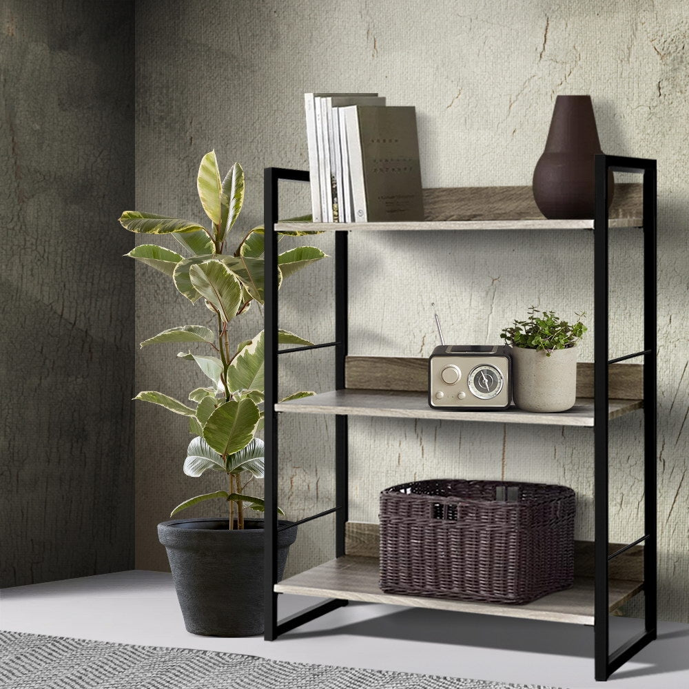 3 Tier 90cm Metal & Wood Bookshelf Display Shelves - Black & Wood - Homecoze