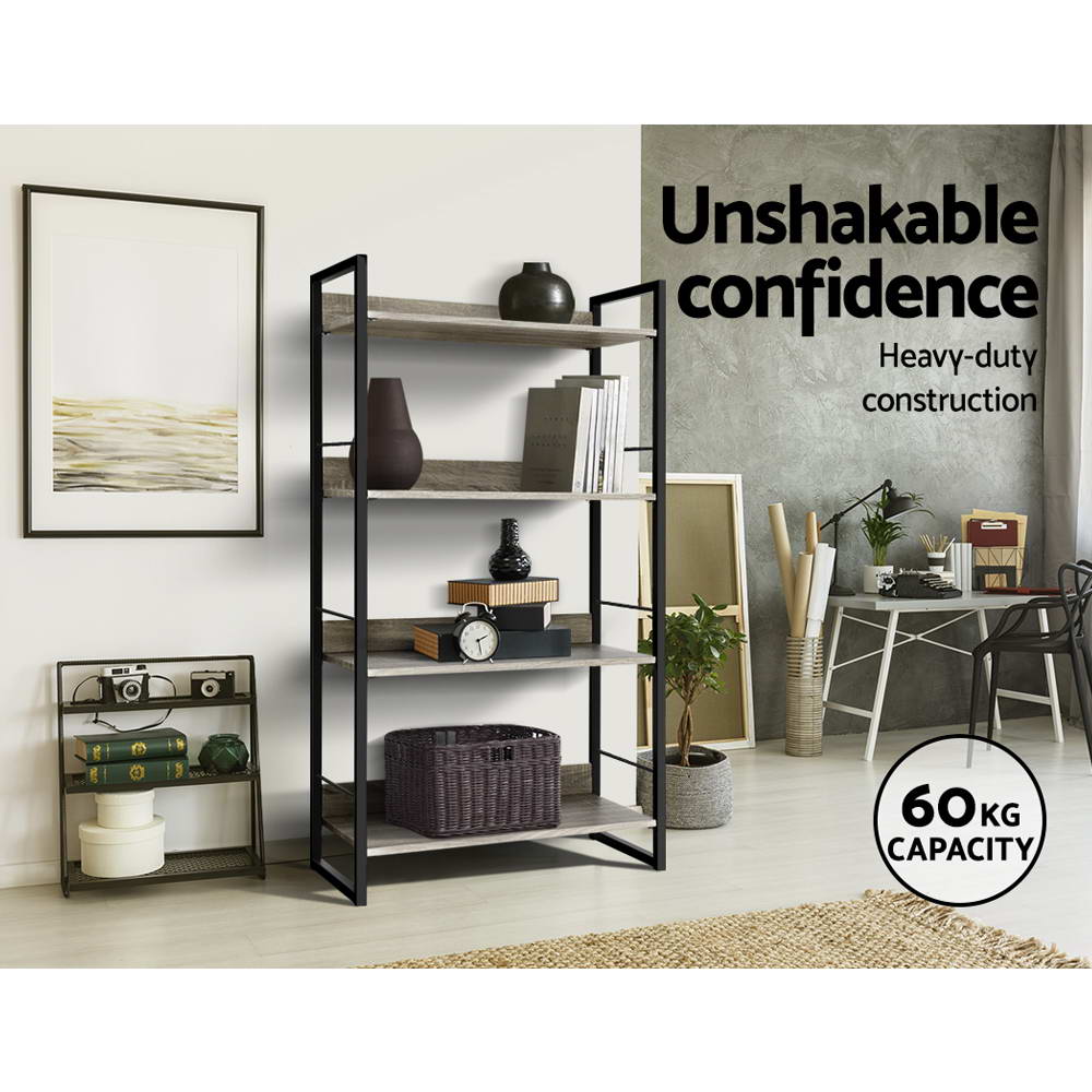 4 Tier 125cm Metal & Wood Bookshelf Display Shelves - Black & Wood - Homecoze