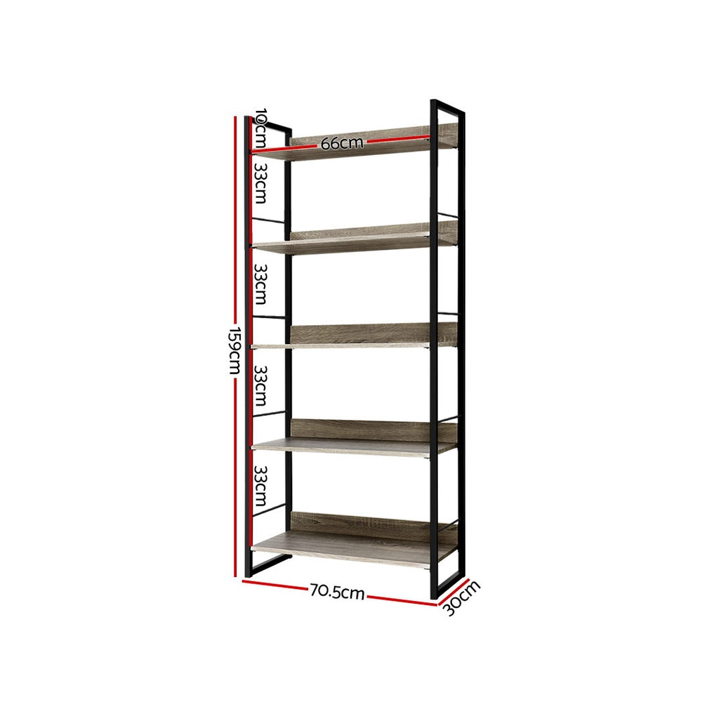 5 Tier 159cm Metal & Wood Bookshelf Display Shelves - Black & Wood - Homecoze