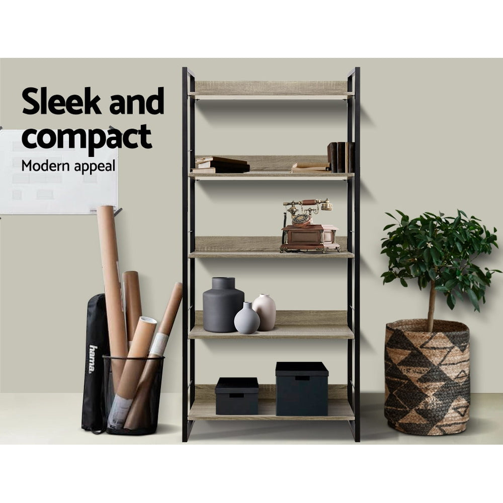 5 Tier 159cm Metal & Wood Bookshelf Display Shelves - Black & Wood - Homecoze