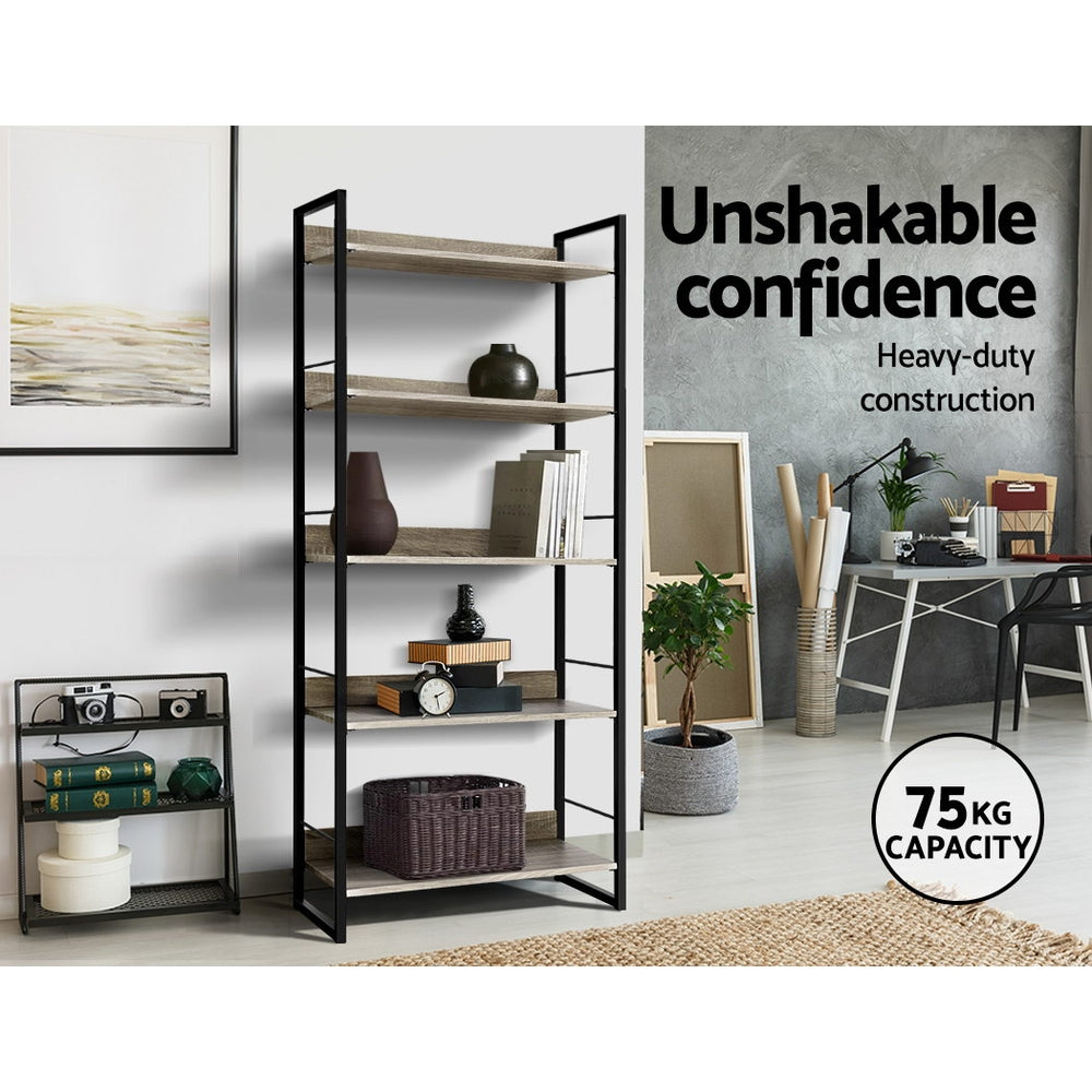 5 Tier 159cm Metal & Wood Bookshelf Display Shelves - Black & Wood - Homecoze