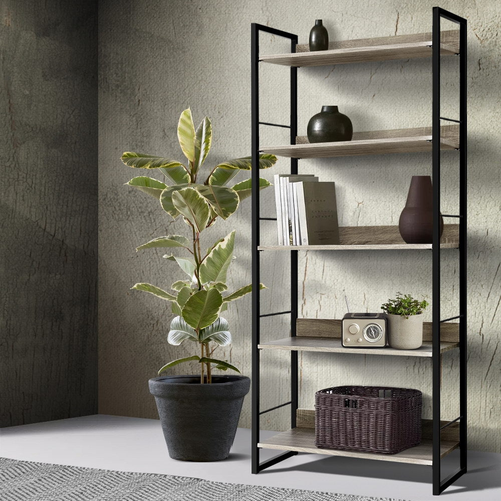 5 Tier 159cm Metal & Wood Bookshelf Display Shelves - Black & Wood - Homecoze